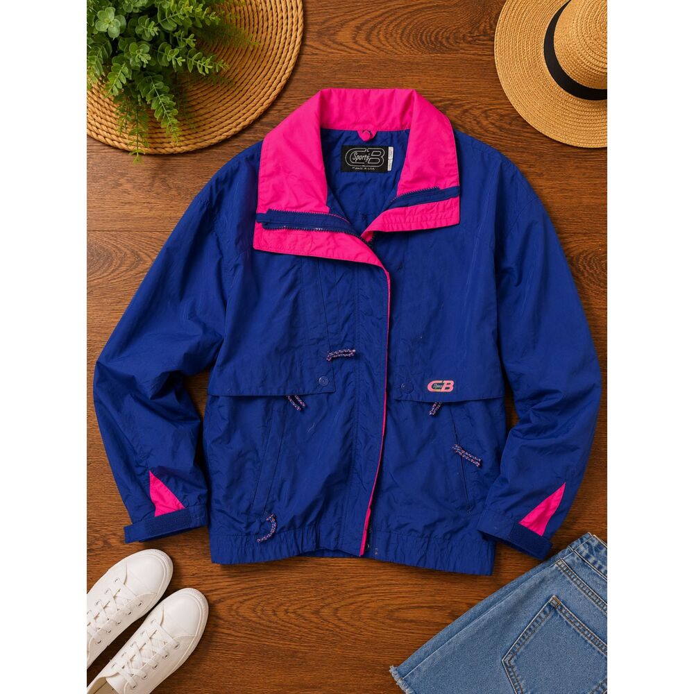 Vintage 80s Sports B Colorblock Windbreaker Jacket Women's Large Blue Pink Neon